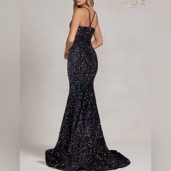 Aqua/black,black formal dress, blue,red sequins mermaid long lace up open back - Picture 4 of 11